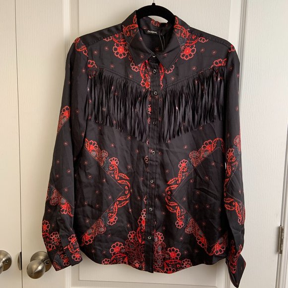Women's Desigual Western Satin Paisley Long Sleeve Shirt Blouse Fringe Size L - Picture 2 of 14